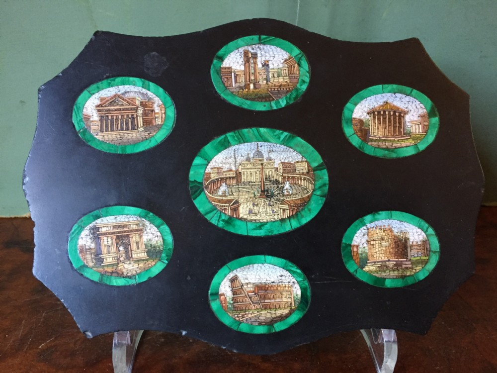 Late C19th Italian 'Grand Tour' souvenir marble paperweight with inlaid micro-mosaic panels depicting scenes of Ancient Rome.