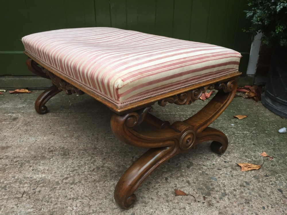 Large mid C19th Victorian period carved walnut X-frame stool .