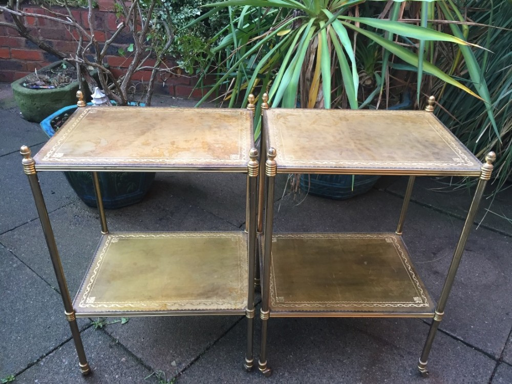 Pair of early C20th lacquered tubular brass-framed leather-topped 2-tier etageres.