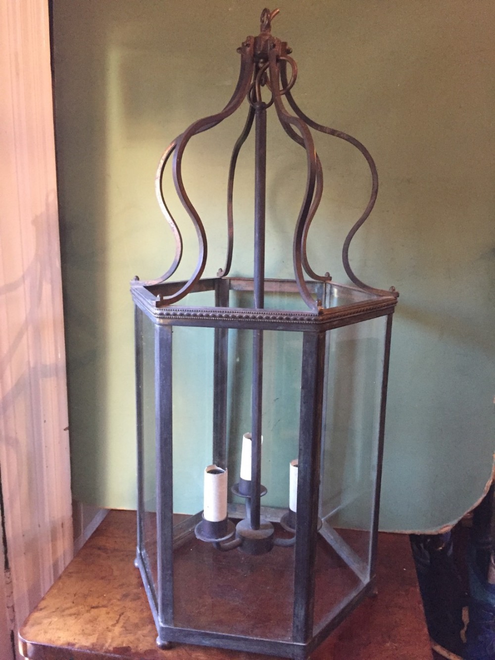Late C19th bronze-framed hexagonal hall lantern .