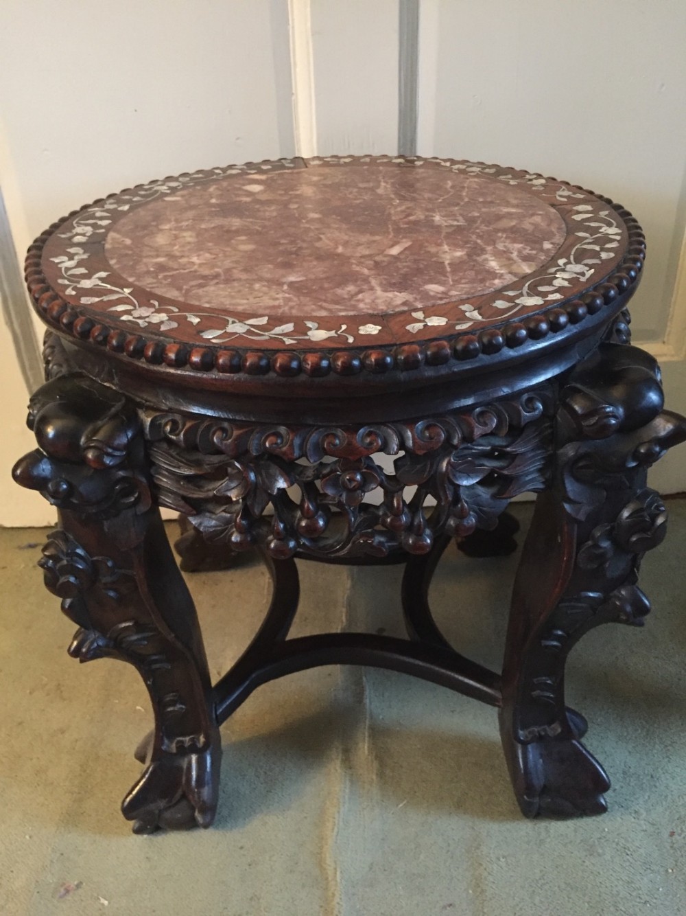 Late C19th Chinese Qing Dynasty carved hardwood marble top jardiniere stand .