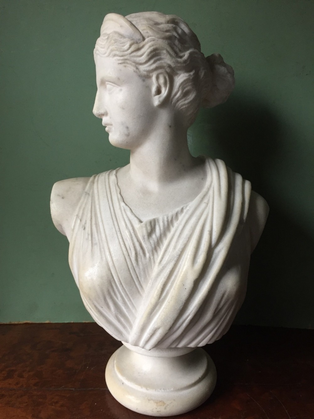 Early C19th carved white statuary marble bust study of Diana.