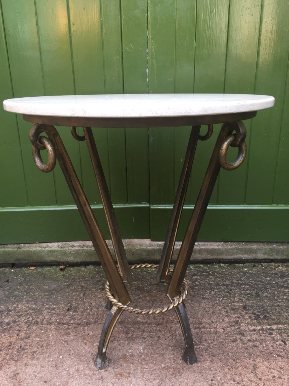 Early C20th French gilded-bronze based table or 'gueridon' with circular Travertine stone top.
