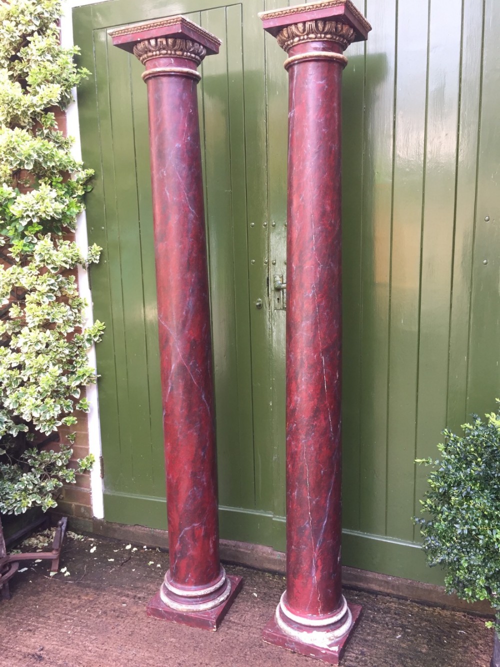 Pair of late C18th George III period 'faux' or simulated rouge marble wooden Tuscan columns.