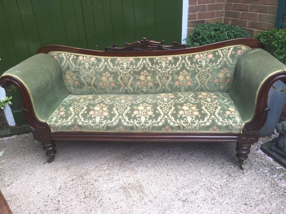 C19th William IV period mahogany framed double scroll-end settee in 'as found' Country-House condition.
