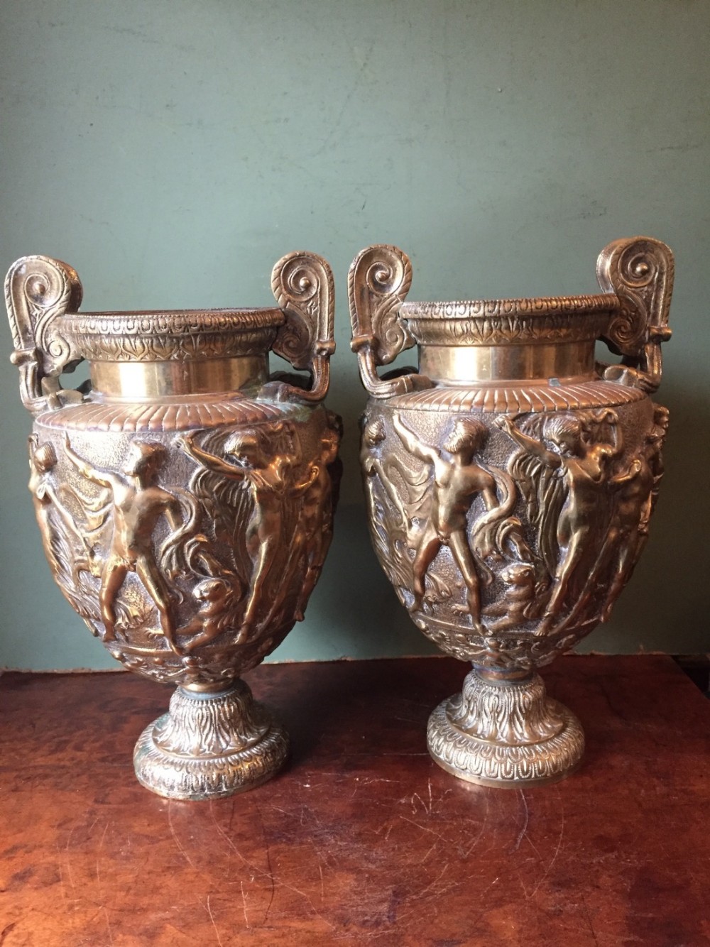 Pair of mid C19th gilded brass 'Grand Tour' souvenir volute Krater vases , known as 