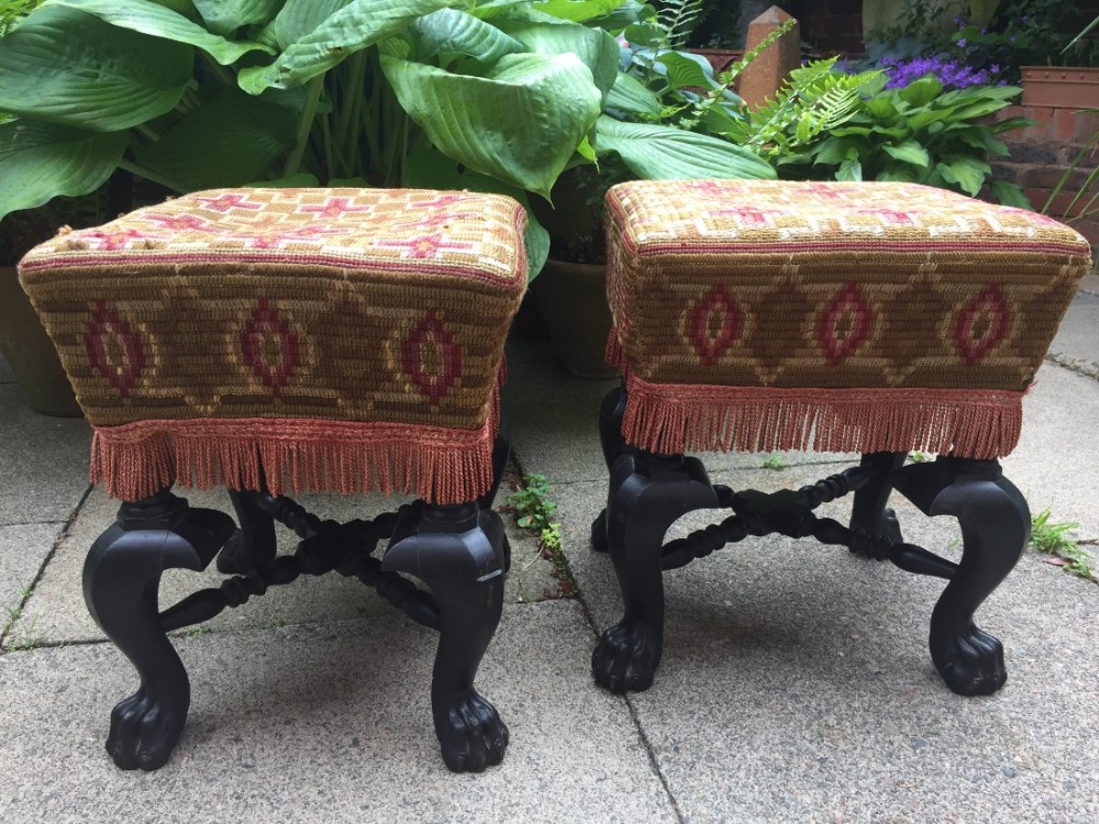 Interesting pair of mid C19th ebonised frame stools with needlework covers,  in the C17th Indo-Portuguese Colonial style.