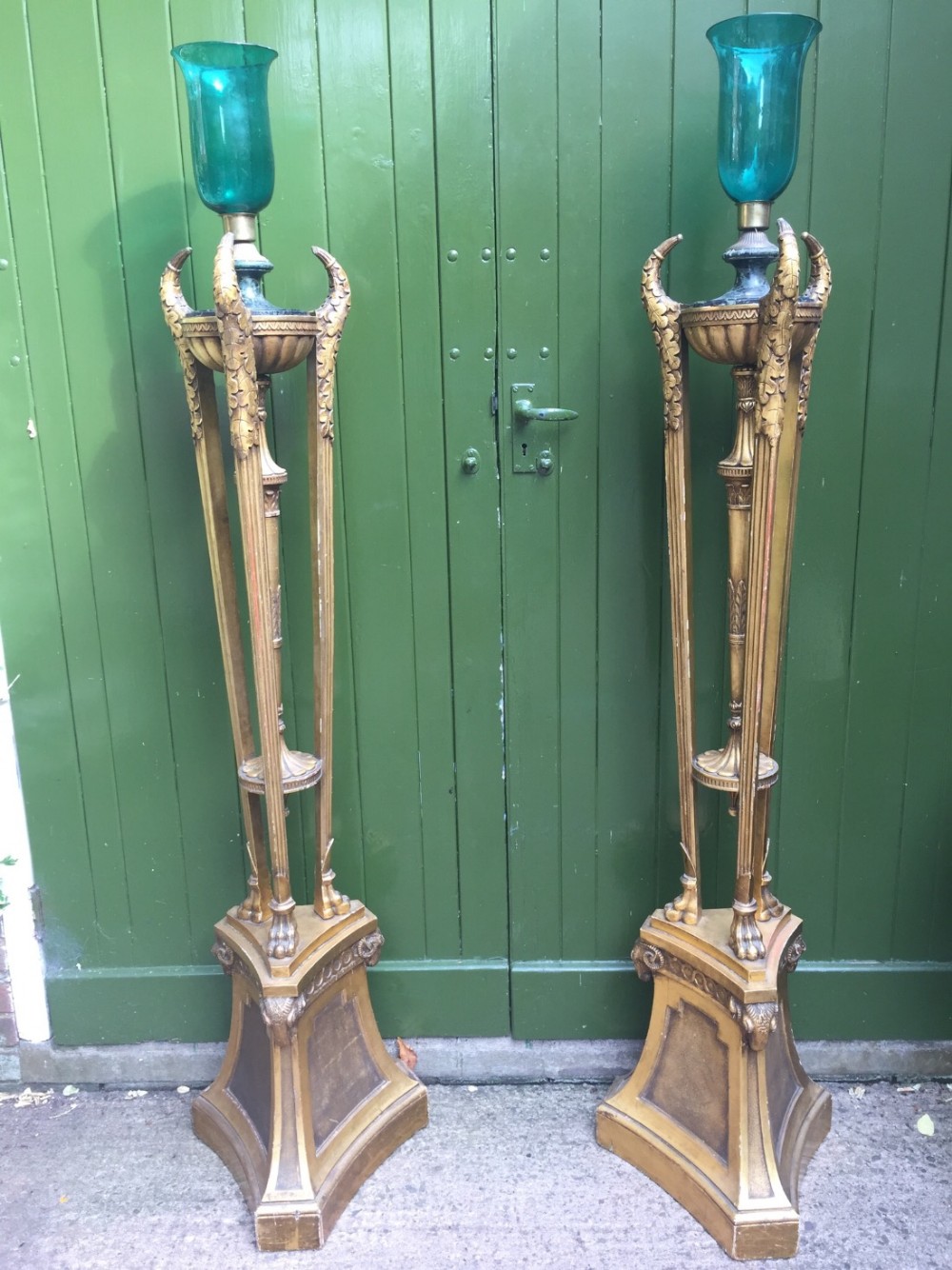 Impressive pair of early C20th giltwood floor-standing candle-lamps or torcheres in the C18th neo-classical Adam style.