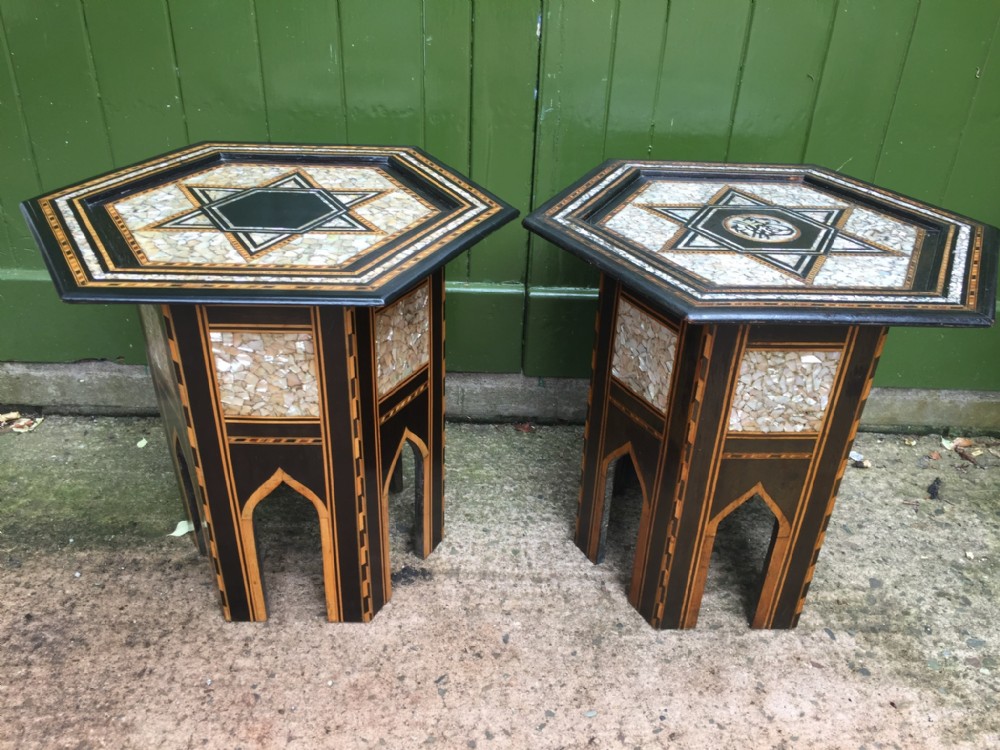 Decorative 'matched' pair of late C19th inlaid Syrian hexagonal side tables .