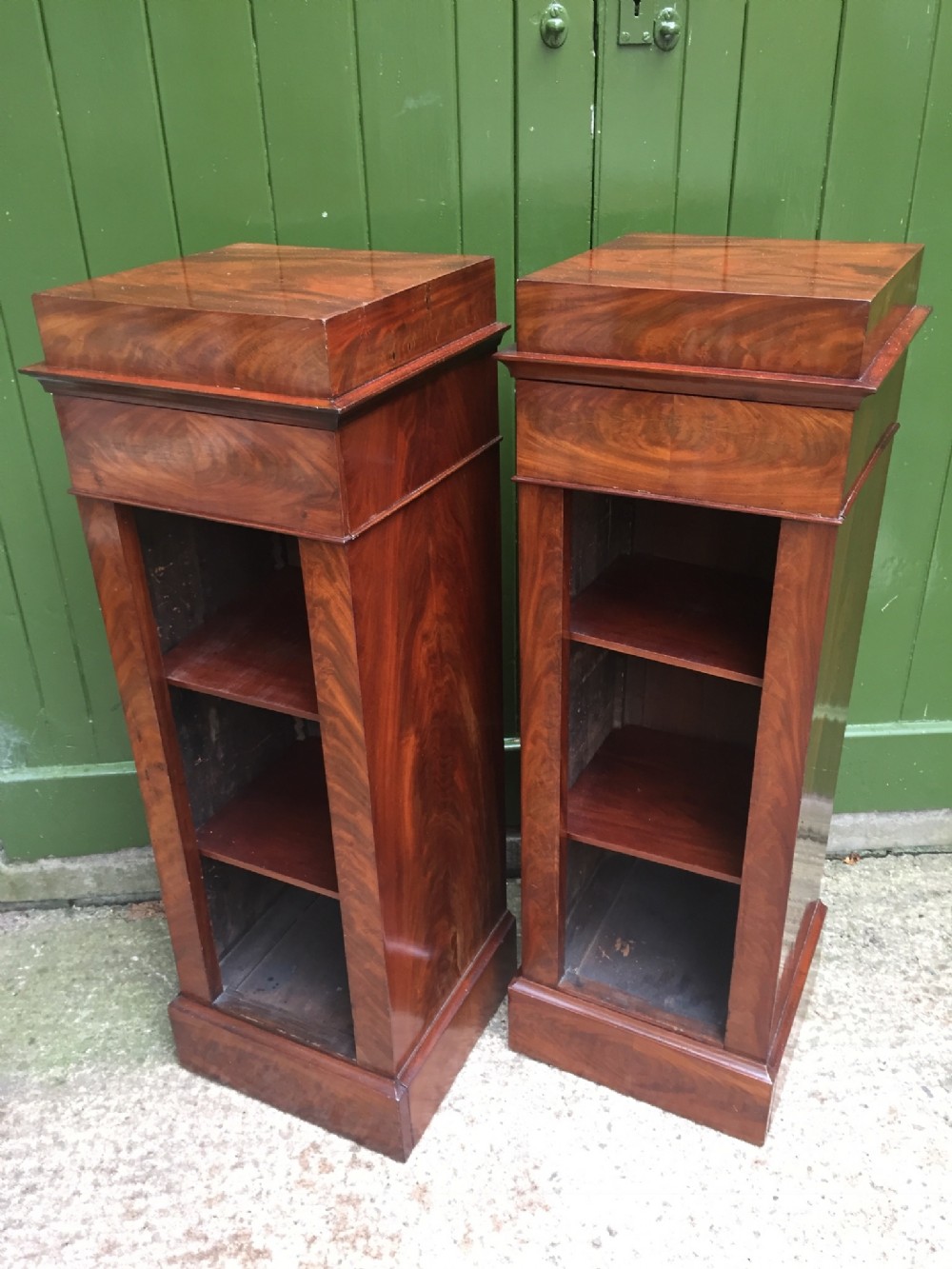 Smart pair of early C19th French mahogany pedestal bookcases or side cabinets.