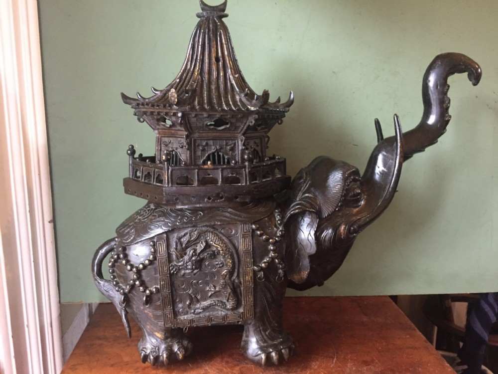 Impressive late C19th Chinese bronze incense burner modelled as an elephant.