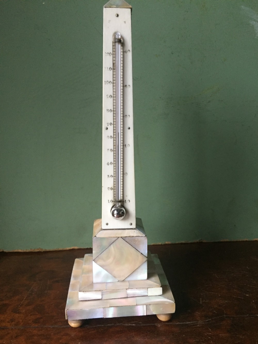C19th 'mother of pearl' or nacre-shell veneered desk-top obelisk thermometer 