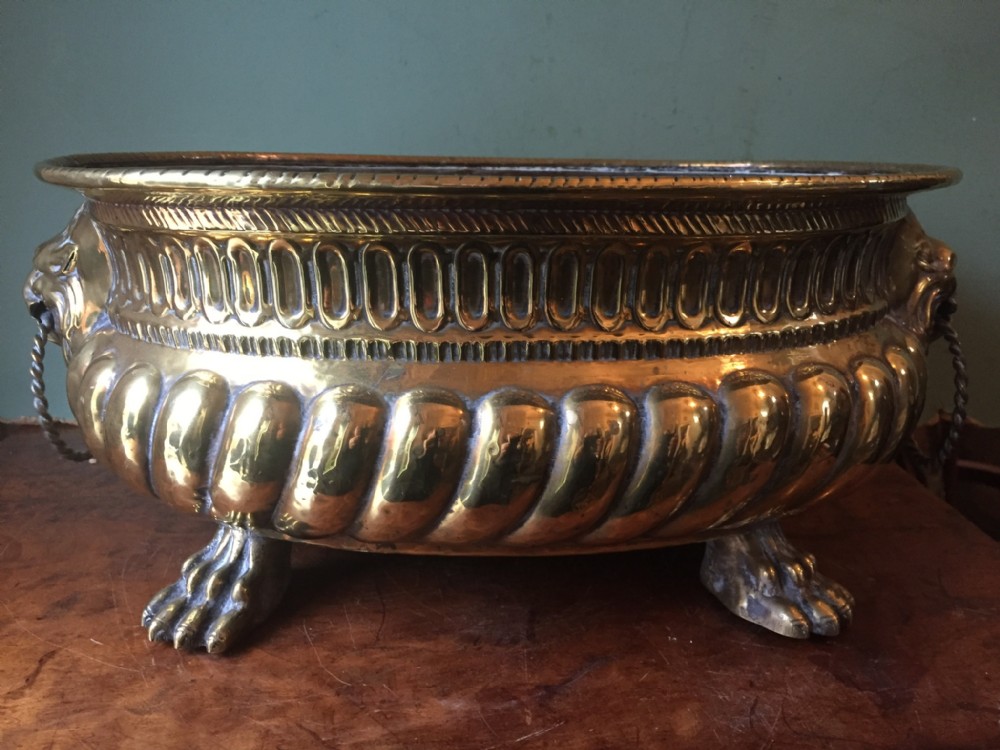 C18th Dutch or Flemish oval brass jardiniere or wine cooler.