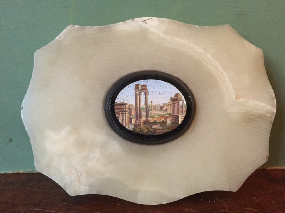 C19th Italian 'Grand Tour' souvenir micro-mosaic panel paperweight set on a pale onyx marble base.