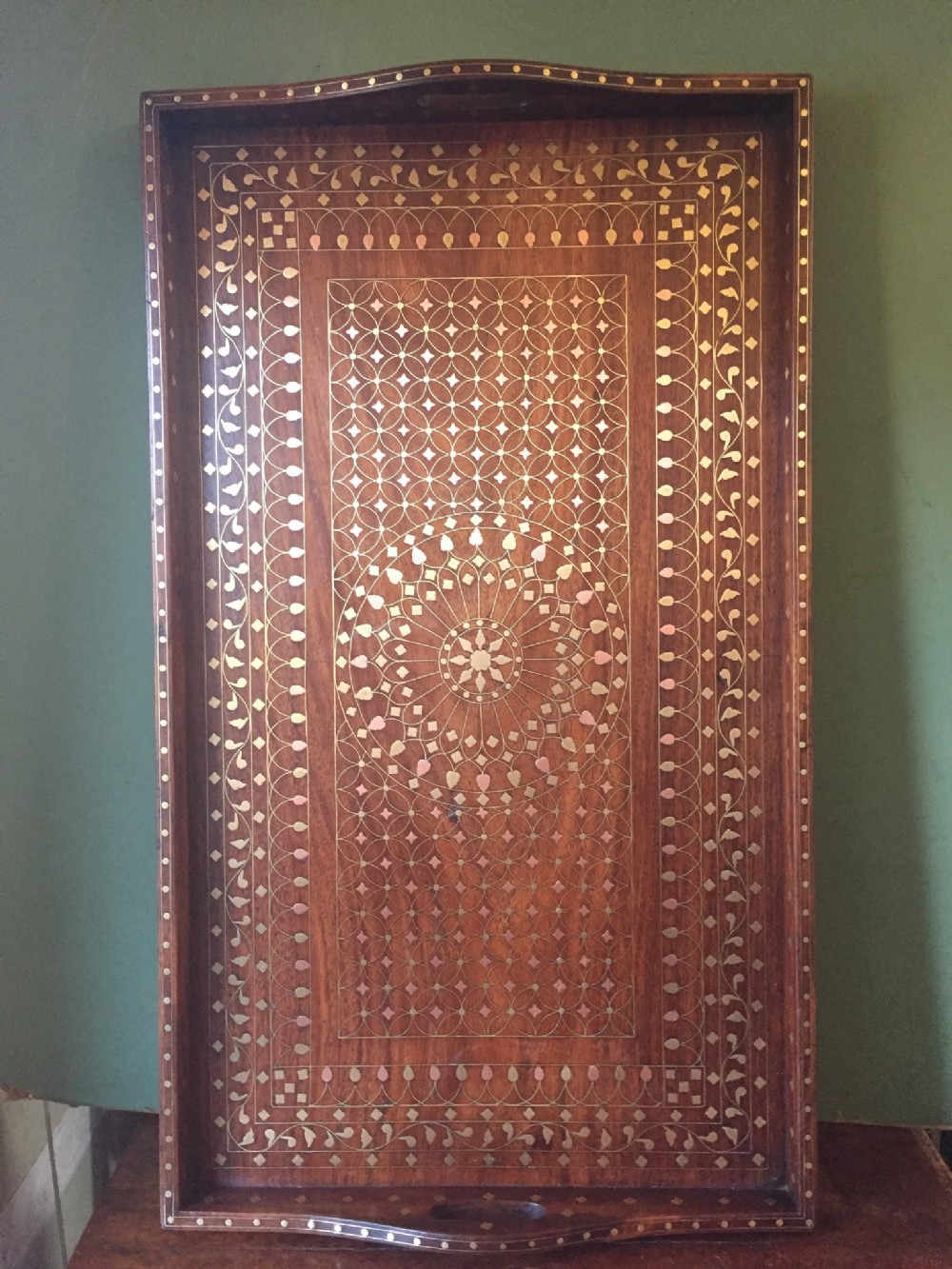 Fine quality early C20th Indian brass-inlaid rosewood tray.