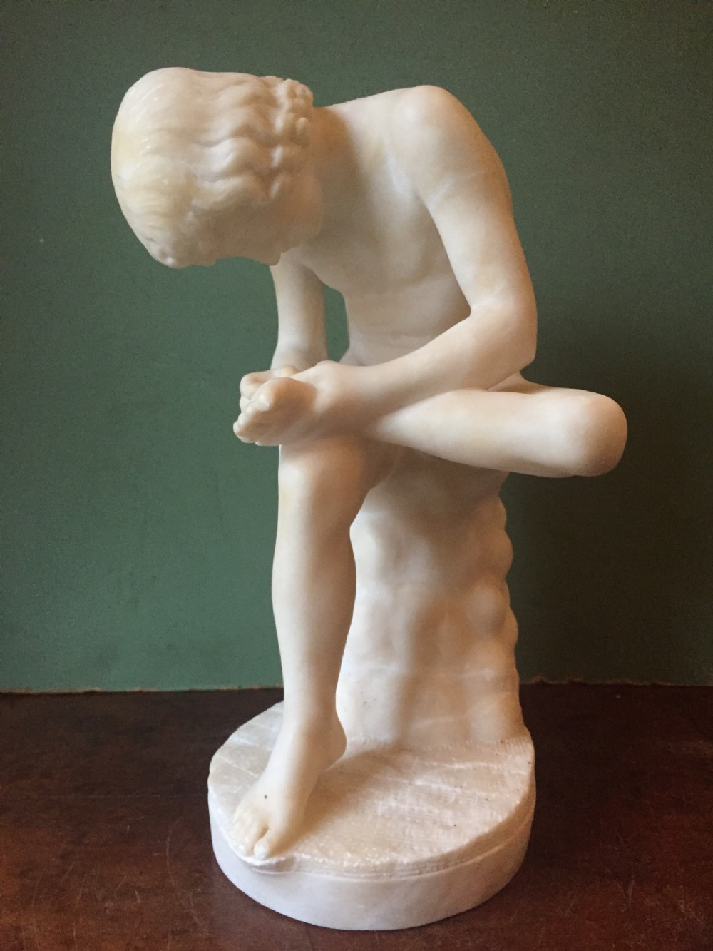Late C19th Italian carved alabaster reduction 'Grand Tour' souvenir, after the antique, of Spinario or 'The Thorn-puller' , signed by Pietro Bazzanti , Florence.