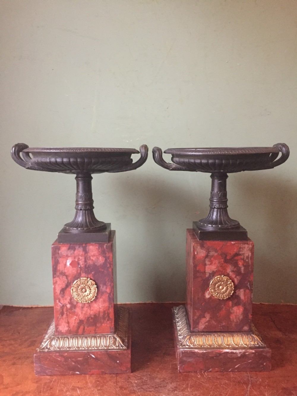 Pair of early C19th French neo-classical Empire design bronze Tazzas on ormolu-mounted rouge marble vases. View II