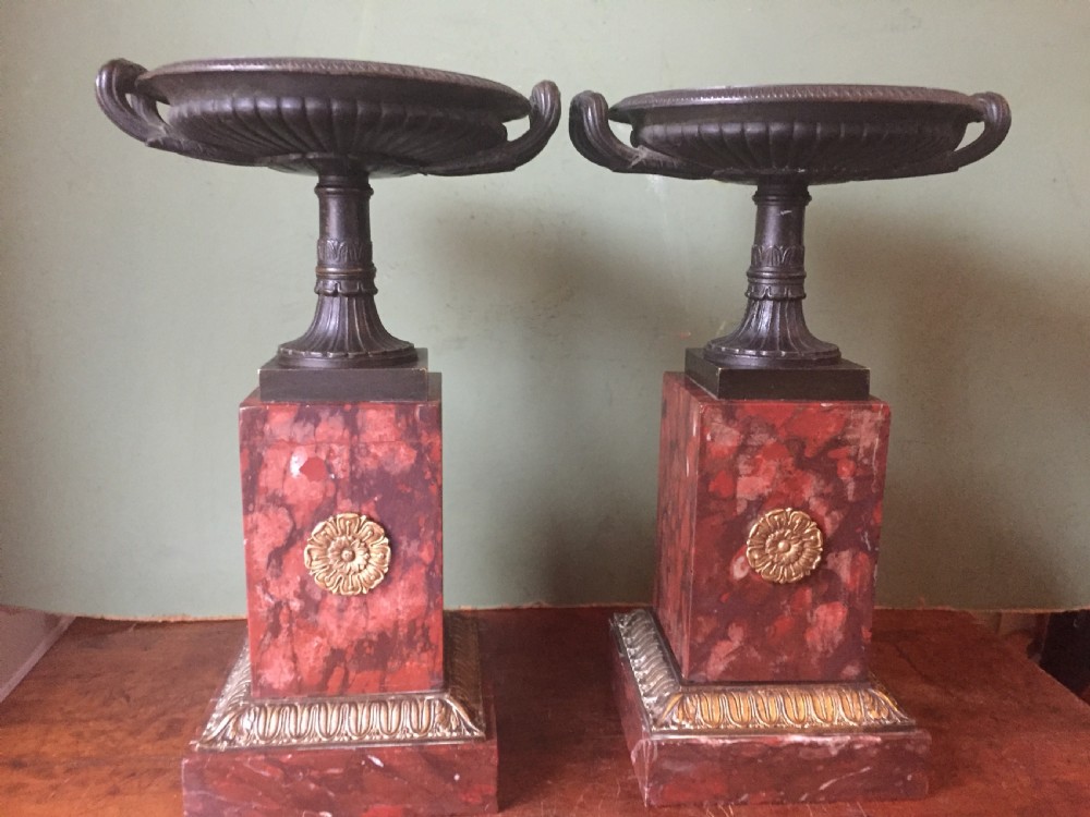 Pair of early C19th French neo-classical Empire design bronze Tazzas on ormolu-mounted rouge marble vases. View III