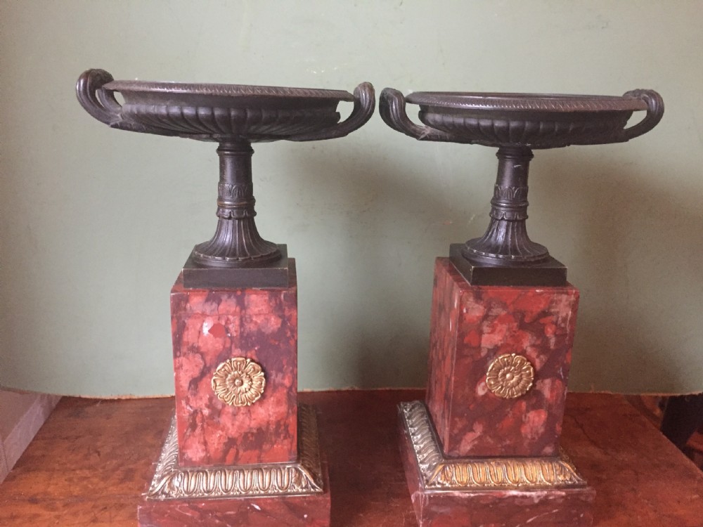 Pair of early C19th French neo-classical Empire design bronze Tazzas on ormolu-mounted rouge marble vases. View IV