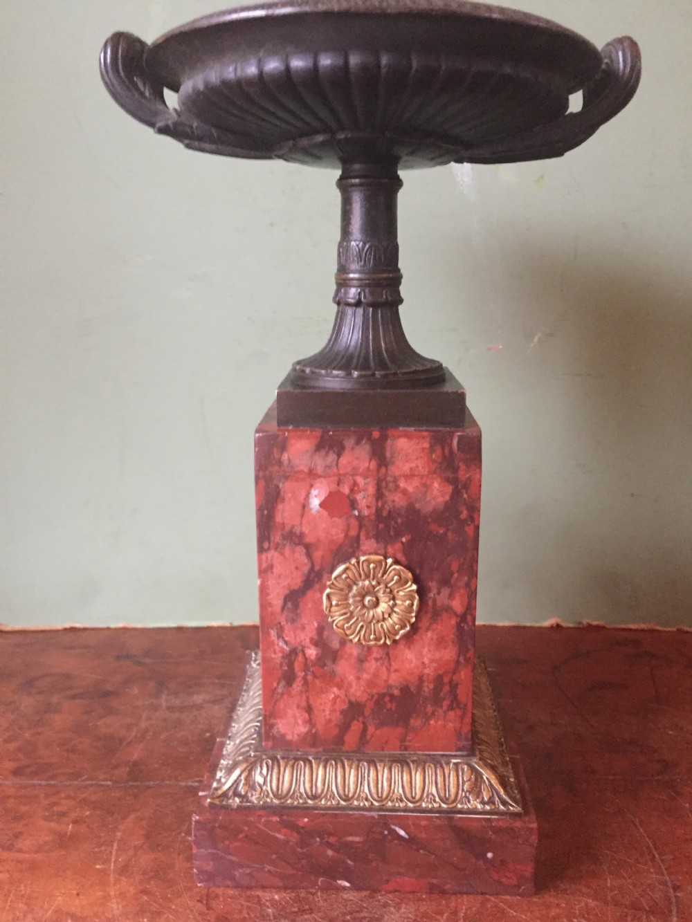 Pair of early C19th French neo-classical Empire design bronze Tazzas on ormolu-mounted rouge marble vases. View V