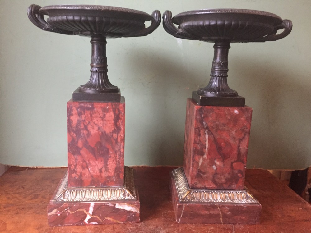 Pair of early C19th French neo-classical Empire design bronze Tazzas on ormolu-mounted rouge marble vases. View XII