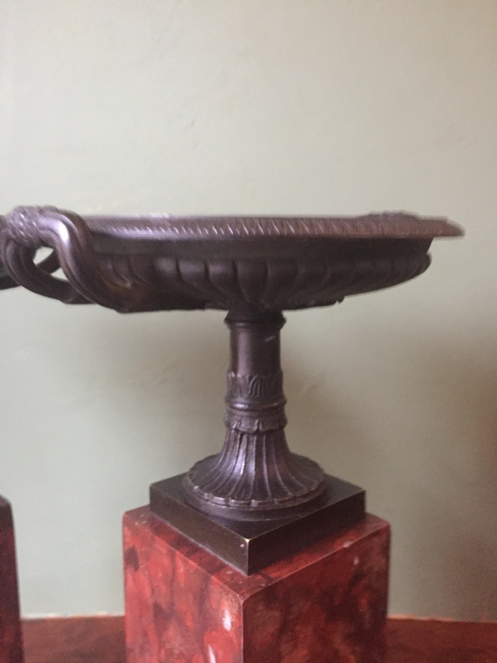 Pair of early C19th French neo-classical Empire design bronze Tazzas on ormolu-mounted rouge marble vases. View XV