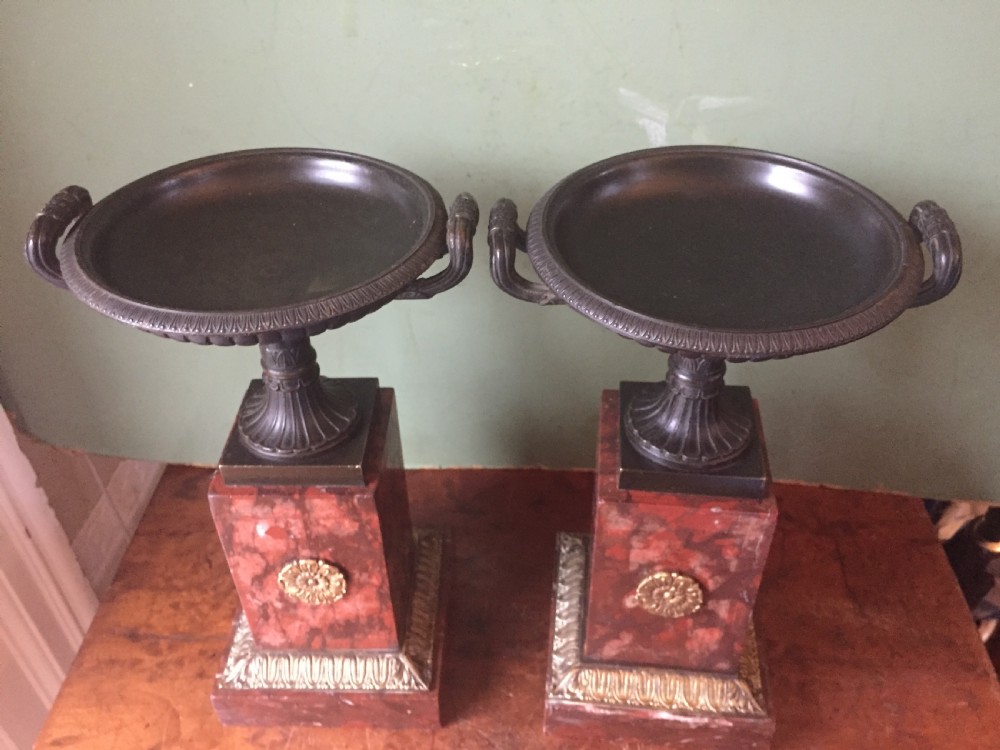 Pair of early C19th French neo-classical Empire design bronze Tazzas on ormolu-mounted rouge marble vases. View XVII