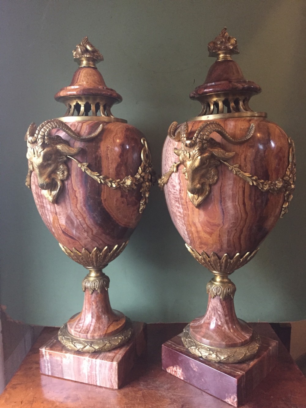 Spectacular large pair of French late C19th Louis XVI style 'alabastro fiorito' marble and ormolu bronze mounted vases. View III
