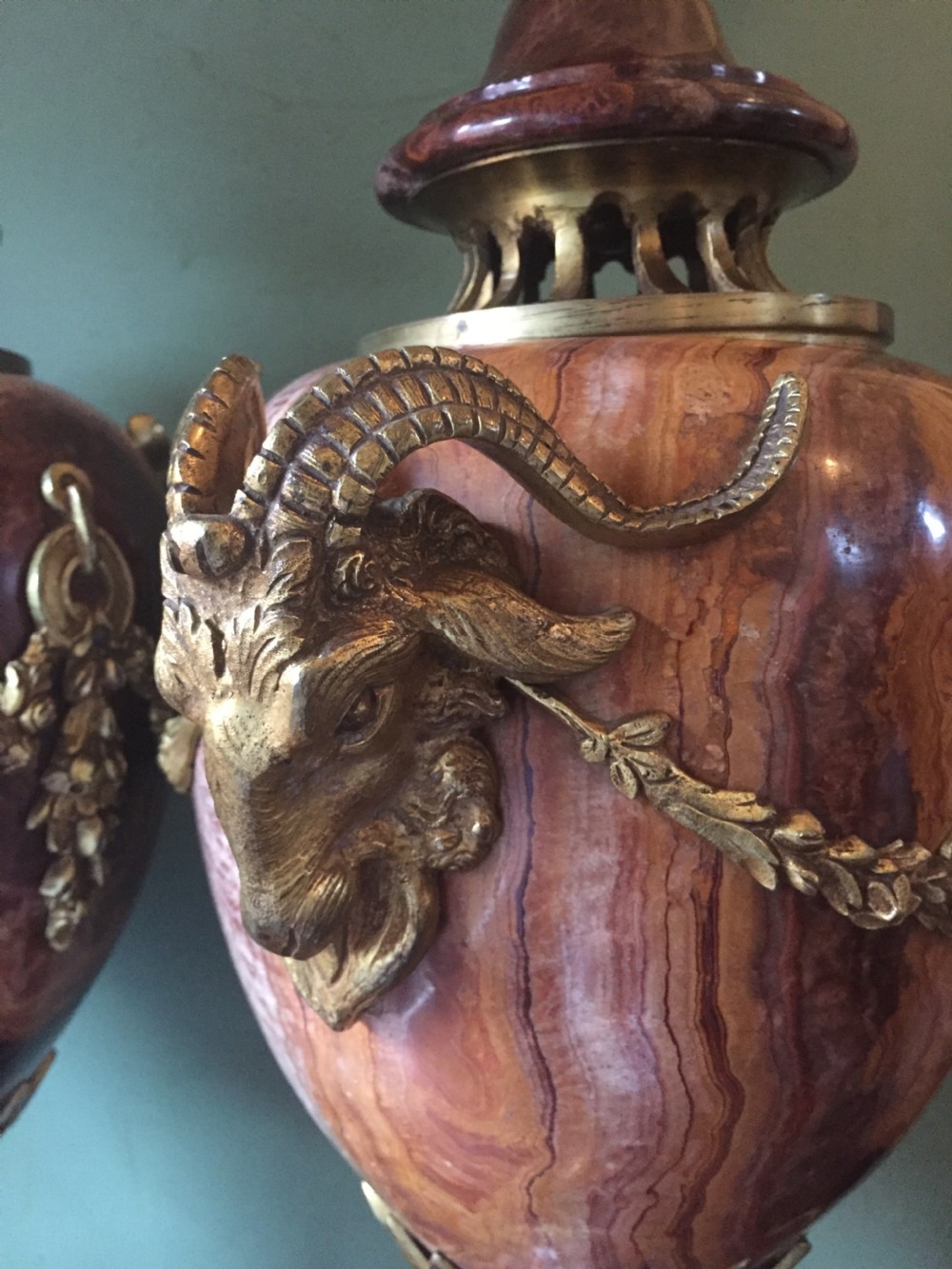 Spectacular large pair of French late C19th Louis XVI style 'alabastro fiorito' marble and ormolu bronze mounted vases. View IV