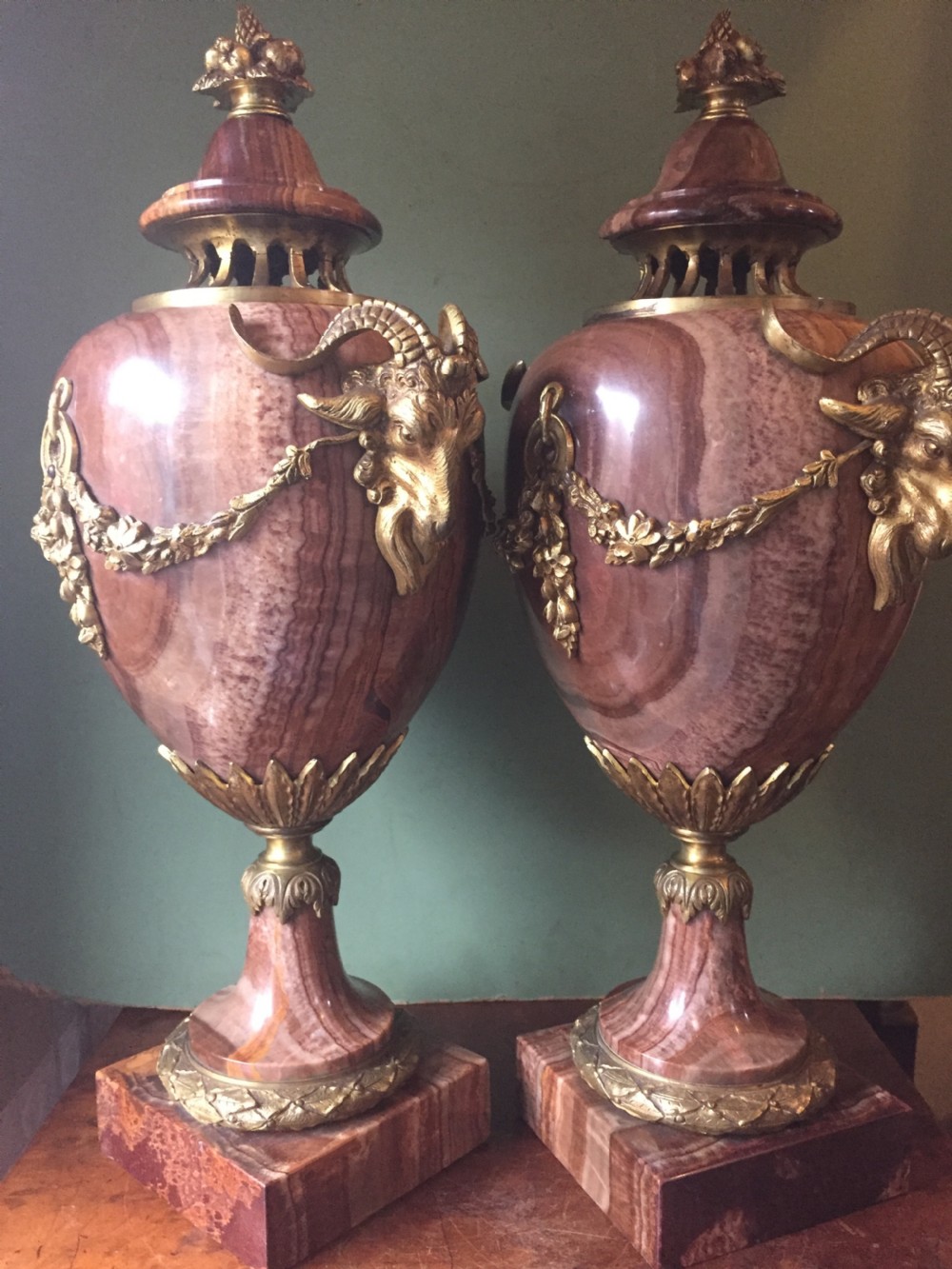Spectacular large pair of French late C19th Louis XVI style 'alabastro fiorito' marble and ormolu bronze mounted vases. View V