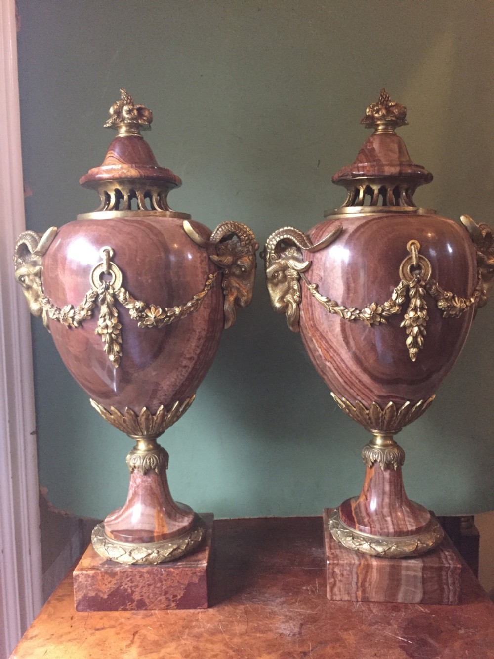 Spectacular large pair of French late C19th Louis XVI style 'alabastro fiorito' marble and ormolu bronze mounted vases. View VI