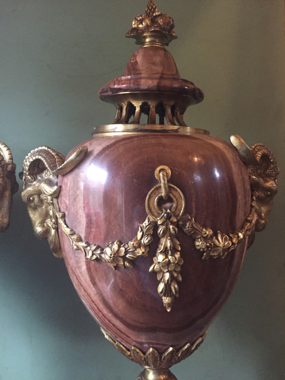 Spectacular large pair of French late C19th Louis XVI style 'alabastro fiorito' marble and ormolu bronze mounted vases. View VII