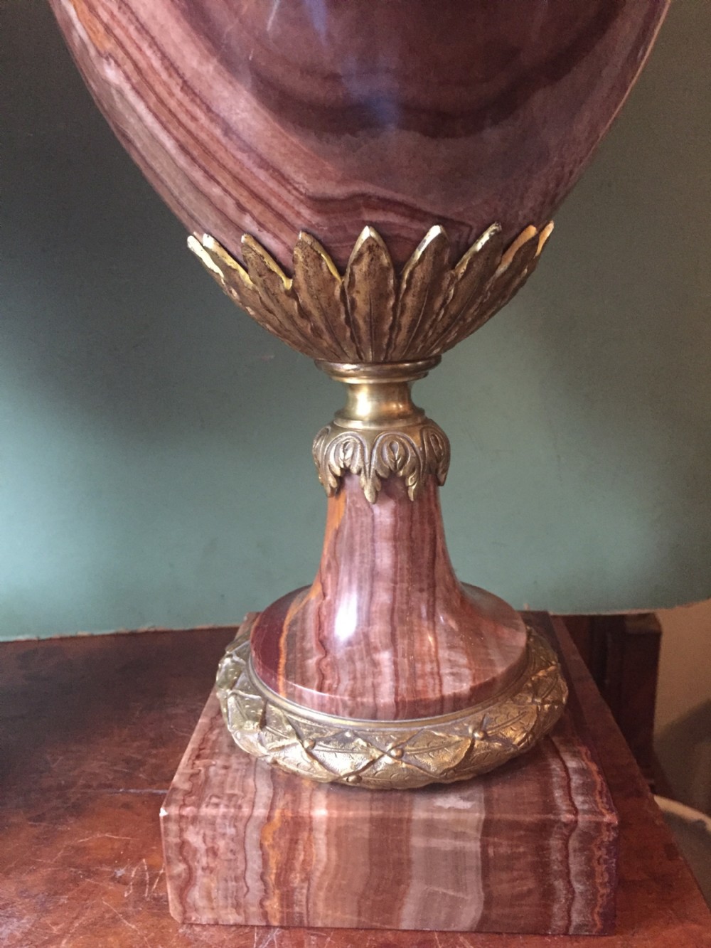 Spectacular large pair of French late C19th Louis XVI style 'alabastro fiorito' marble and ormolu bronze mounted vases. View VIII