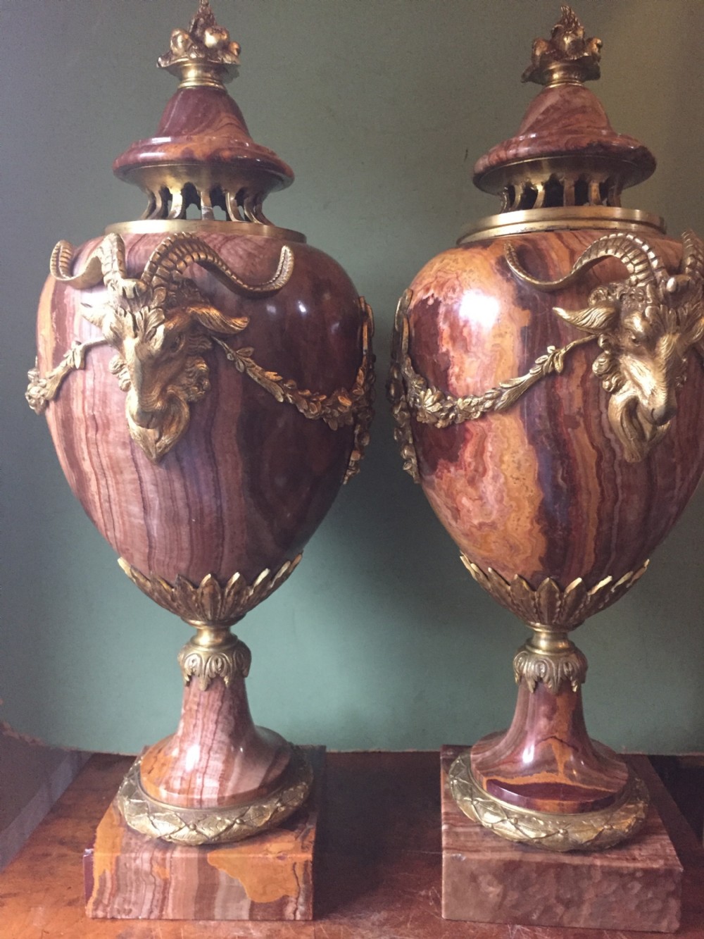 Spectacular large pair of French late C19th Louis XVI style 'alabastro fiorito' marble and ormolu bronze mounted vases. View IX