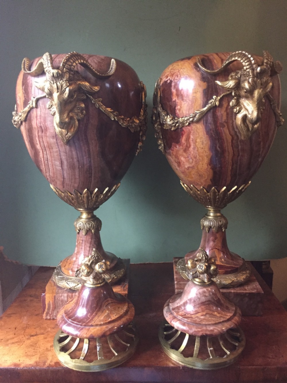 Spectacular large pair of French late C19th Louis XVI style 'alabastro fiorito' marble and ormolu bronze mounted vases. View X