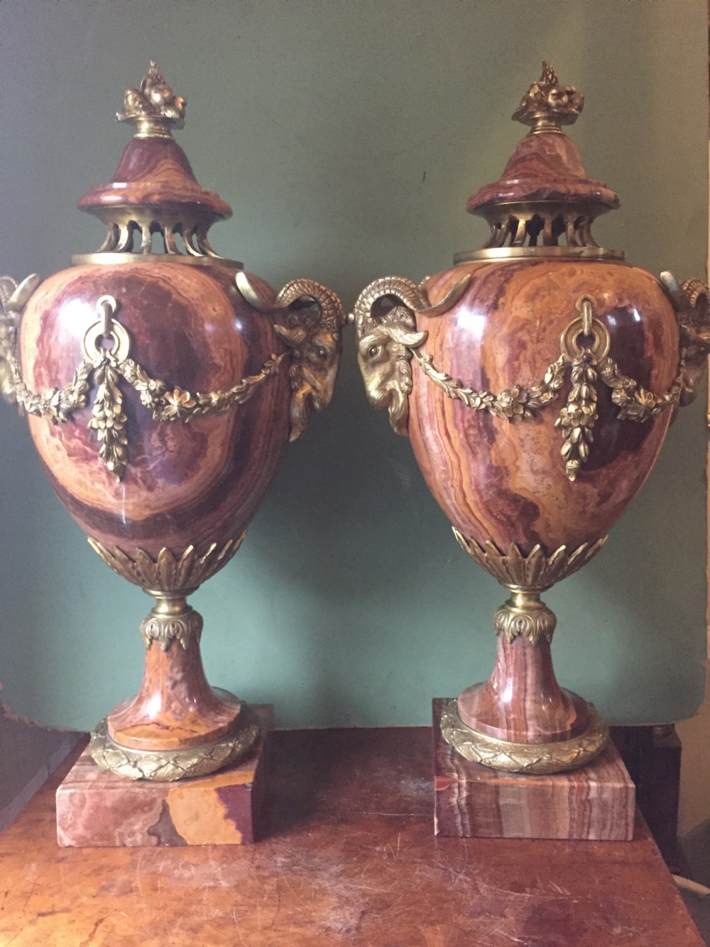 Spectacular large pair of French late C19th Louis XVI style 'alabastro fiorito' marble and ormolu bronze mounted vases. View XI