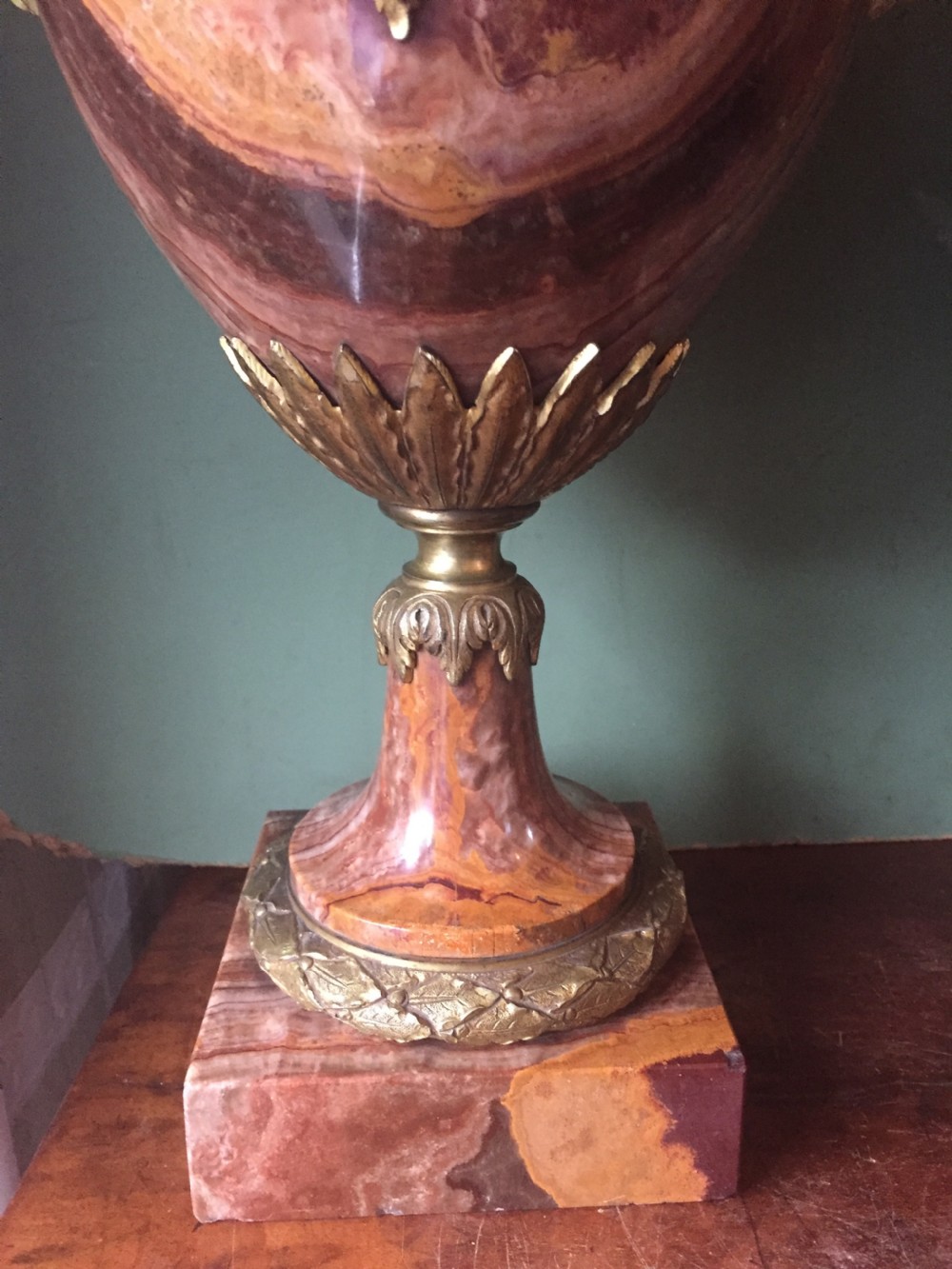 Spectacular large pair of French late C19th Louis XVI style 'alabastro fiorito' marble and ormolu bronze mounted vases. View XII