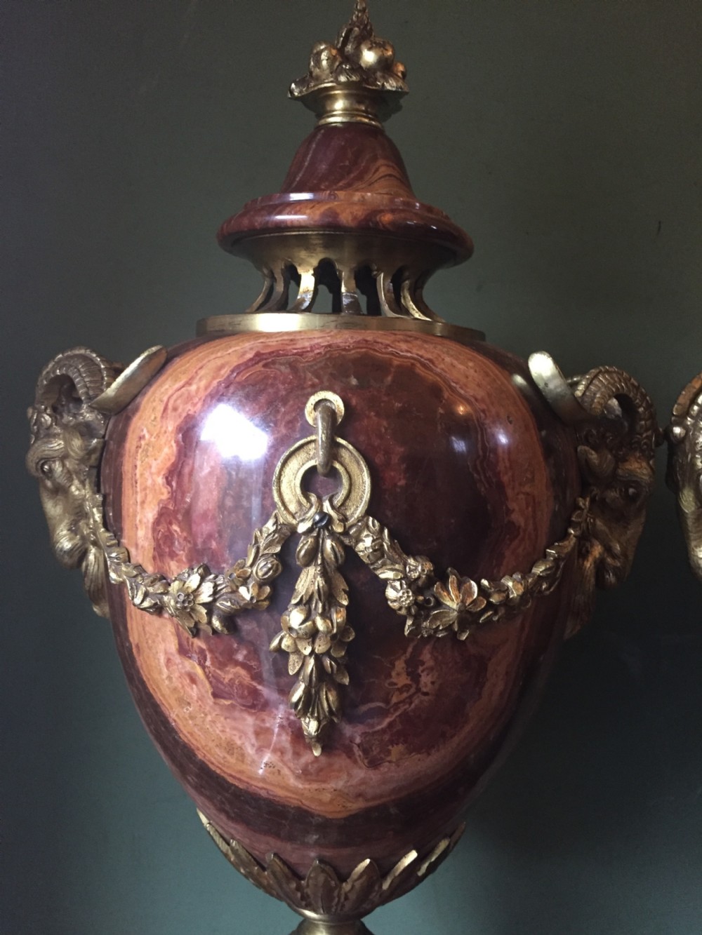 Spectacular large pair of French late C19th Louis XVI style 'alabastro fiorito' marble and ormolu bronze mounted vases. View XIII