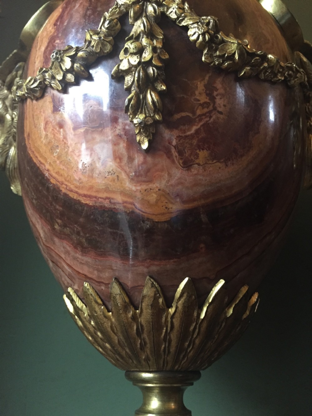 Spectacular large pair of French late C19th Louis XVI style 'alabastro fiorito' marble and ormolu bronze mounted vases. View XIV