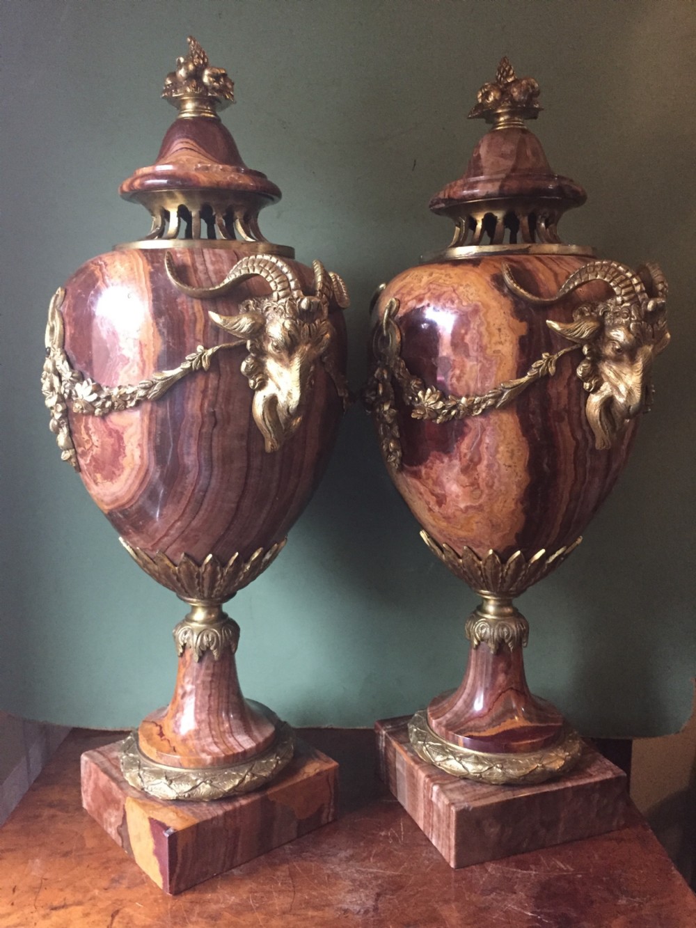 Spectacular large pair of French late C19th Louis XVI style 'alabastro fiorito' marble and ormolu bronze mounted vases. View XV