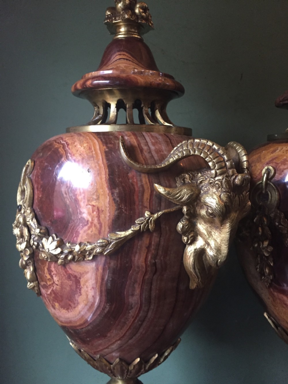 Spectacular large pair of French late C19th Louis XVI style 'alabastro fiorito' marble and ormolu bronze mounted vases. View XVI