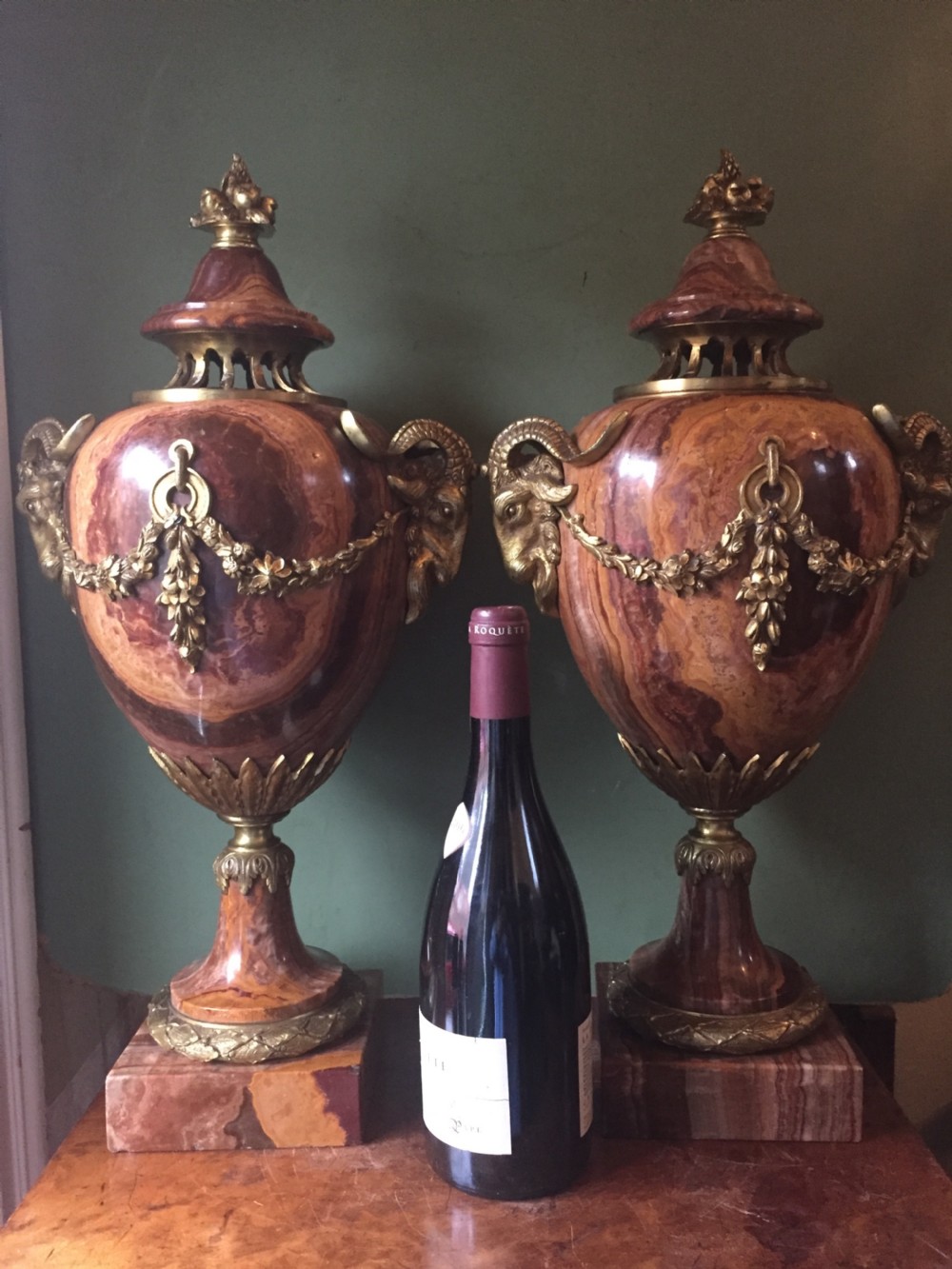 Spectacular large pair of French late C19th Louis XVI style 'alabastro fiorito' marble and ormolu bronze mounted vases. View XVIII