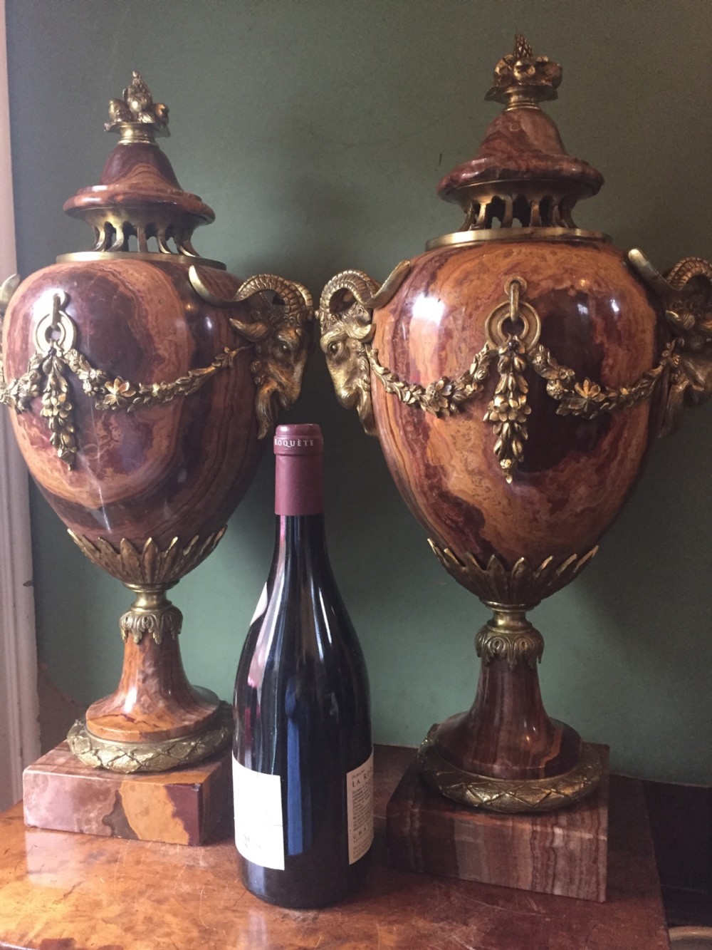 Spectacular large pair of French late C19th Louis XVI style 'alabastro fiorito' marble and ormolu bronze mounted vases. View XIX