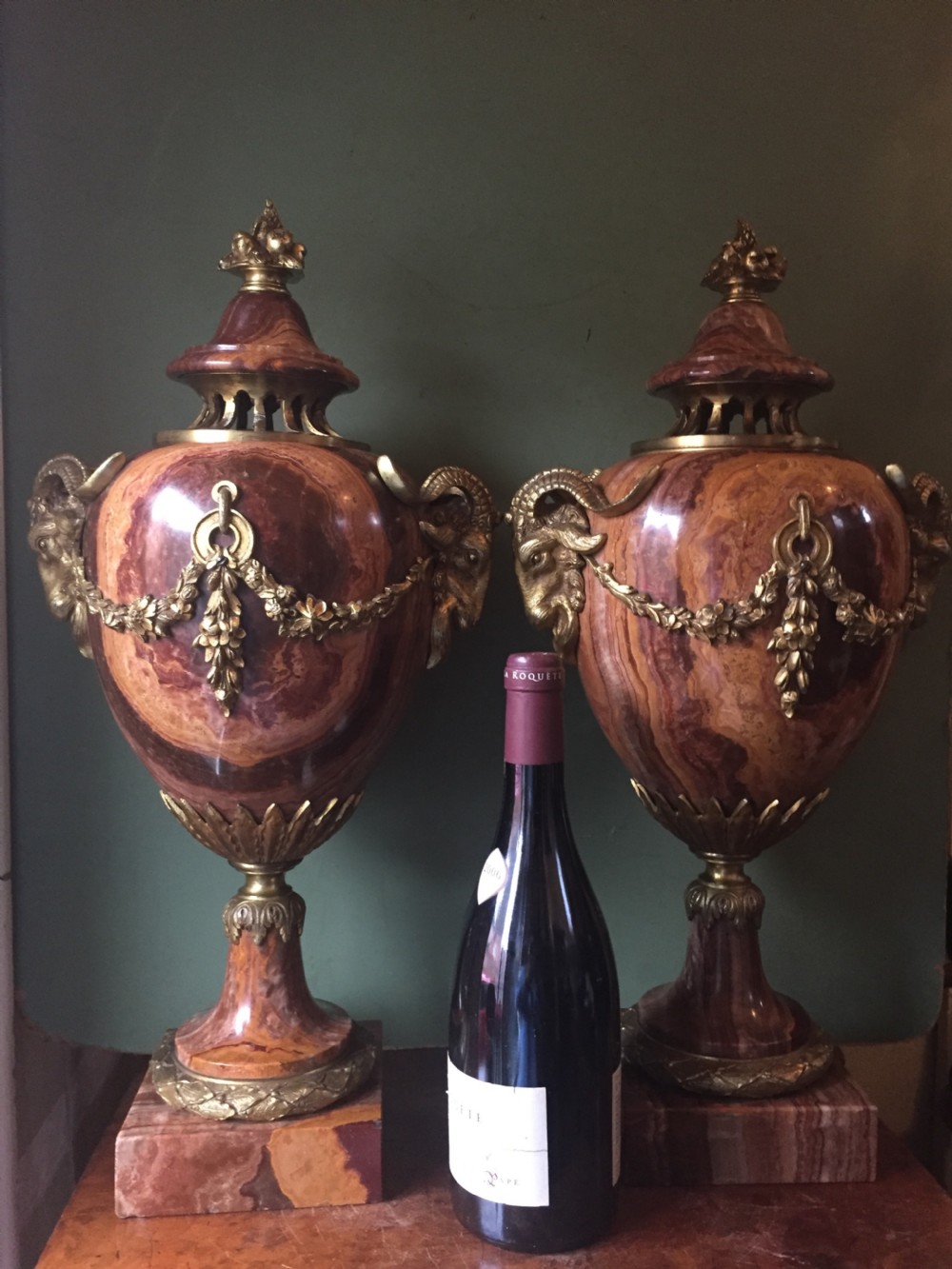 Spectacular large pair of French late C19th Louis XVI style 'alabastro fiorito' marble and ormolu bronze mounted vases. View XX