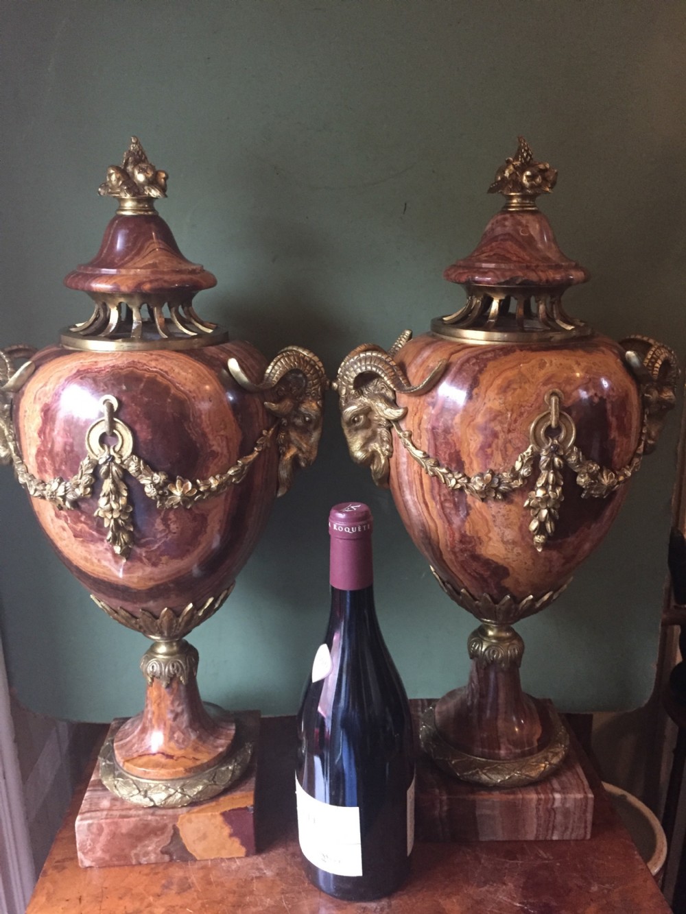 Spectacular large pair of French late C19th Louis XVI style 'alabastro fiorito' marble and ormolu bronze mounted vases. View XXI
