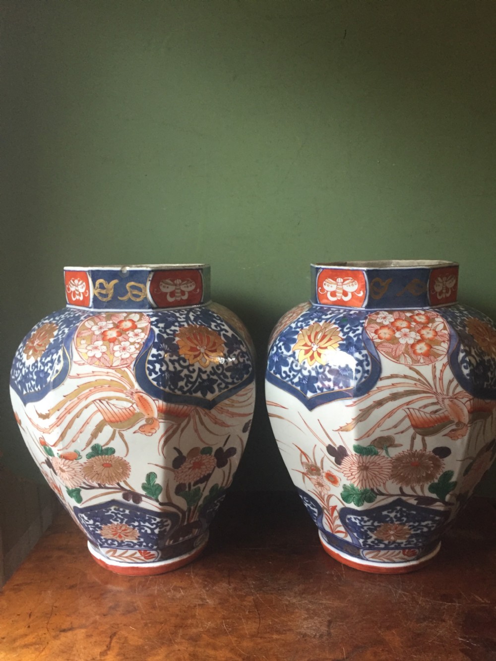 Pair of C18th Japanese Imari palette porcelain vases . View III