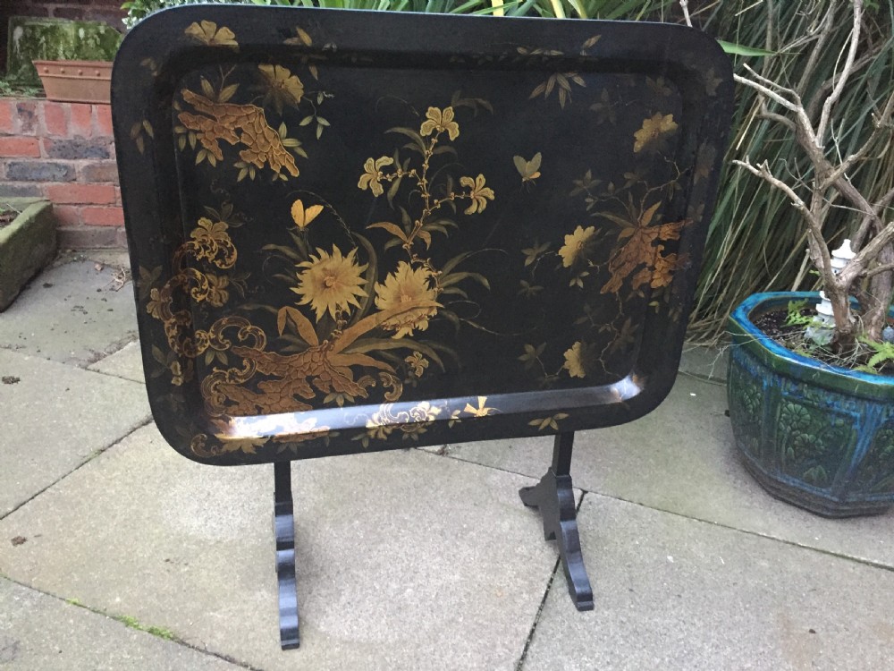 Early C19th Regency period papier-mâché tray mounted on a folding table stand. View II