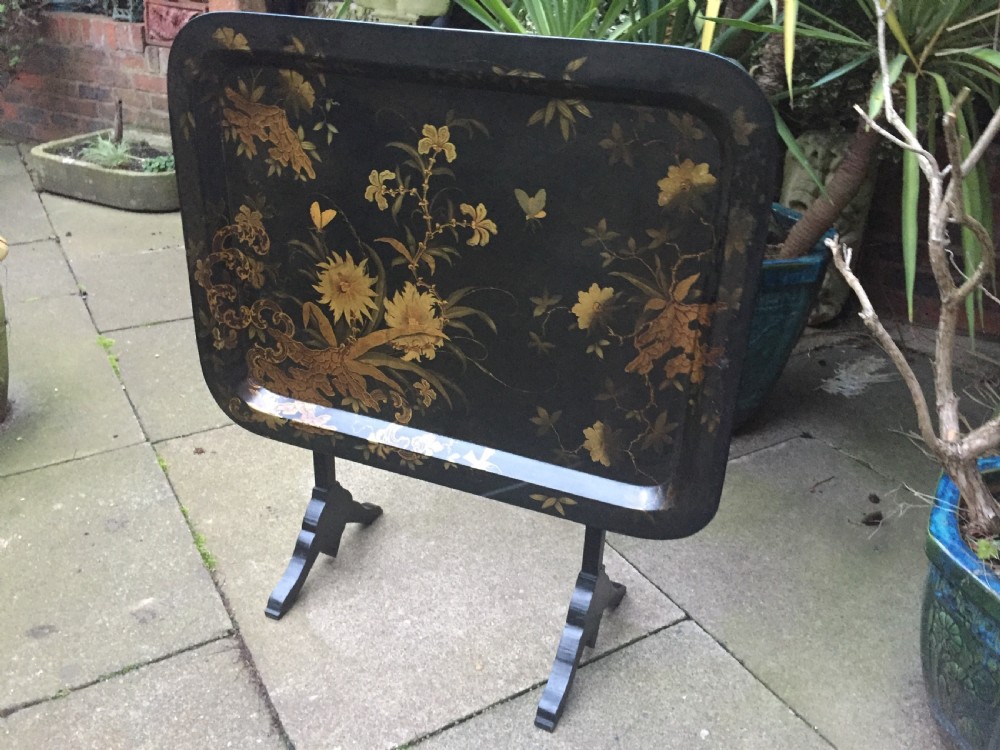 Early C19th Regency period papier-mâché tray mounted on a folding table stand. View III