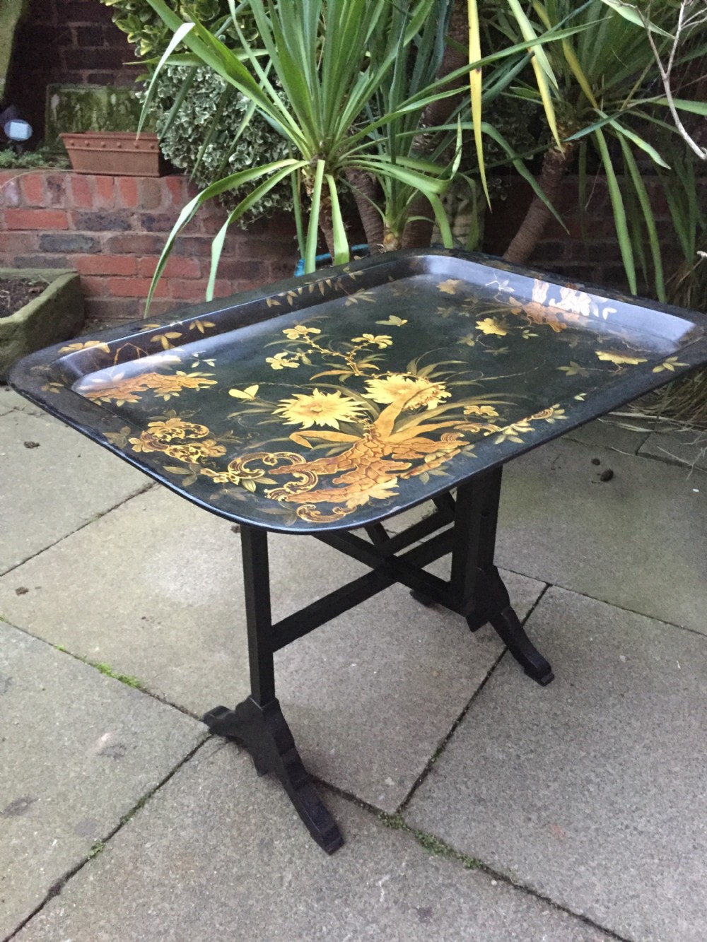 Early C19th Regency period papier-mâché tray mounted on a folding table stand. View V