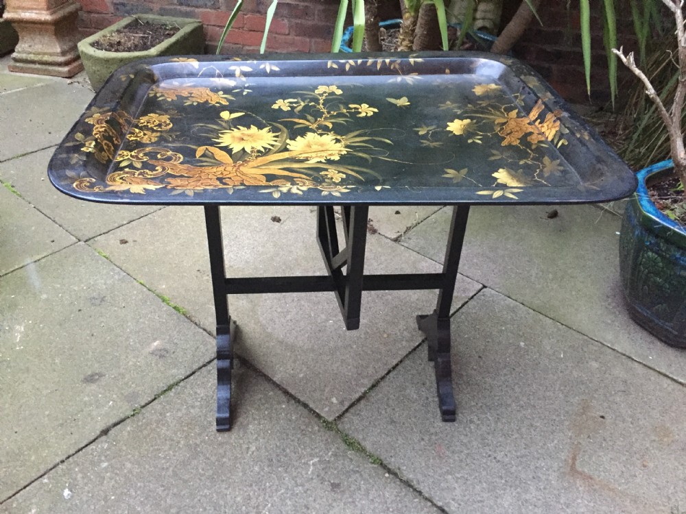 Early C19th Regency period papier-mâché tray mounted on a folding table stand. View XI